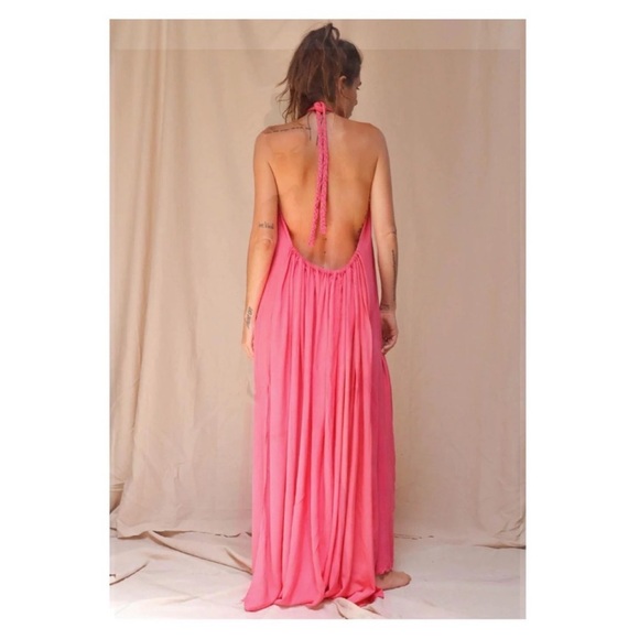New! Grecian Margarita Open Back Halter Maxi Dress with Side Slits in Pink - Picture 4 of 15